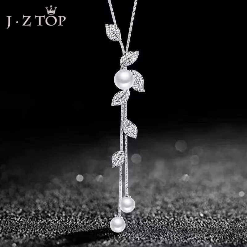 JZTOP Crystal Flower Leaves Pendant Long Necklace Simulated Pearl Tassel Sweater Chain Bijoux Silver Color Collier Jewelry Gift | Украшения