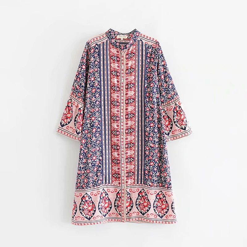 Everkaki Boho длинное платье с цветочным принтом для женщин Цыганское Платье с круглым вырезом и пуговицами богемное женское платье свободное пляжное женское лето осень