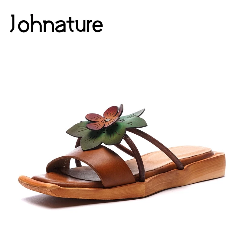 Johnature/Новинка 2020 года летние шлепанцы из натуральной кожи с цветочным рисунком