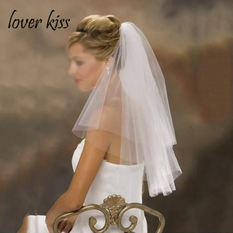 Простая Тюлевая короткая свадебная фата Lover Kiss двухслойная с гребнем недорогие