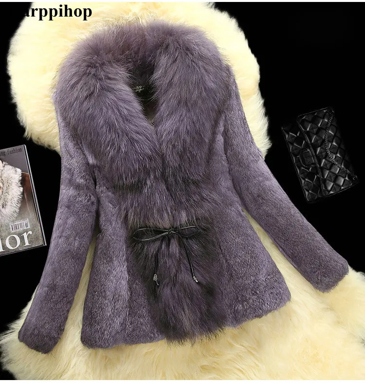 purple Новинка, модное меховое пальто размера плюс, натуральное меховое пальто s, Женское пальто из кроличьего меха с воротником из енота, верхняя одежда и пальто - Цвет: purple
