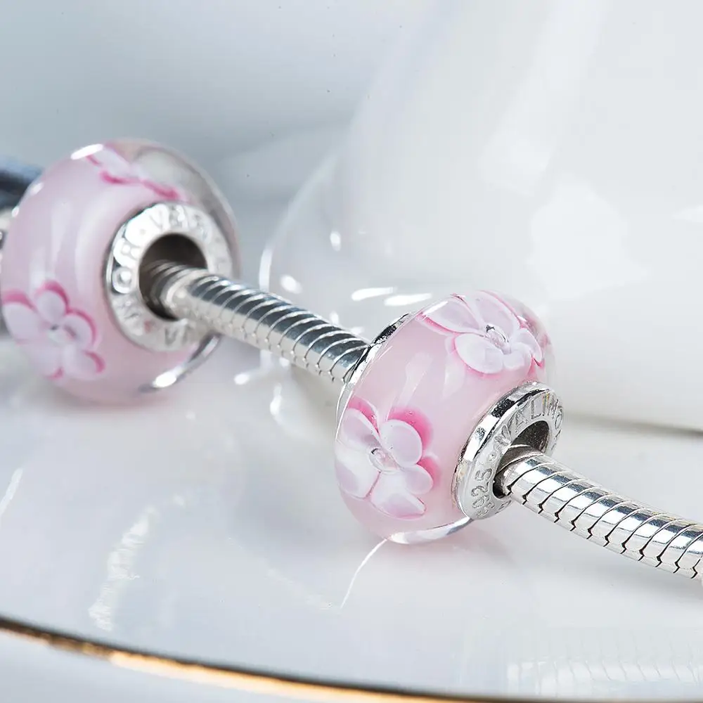 Видео! Женский серебряный браслет с цветком вишни|charm 925 sterling|charm sterling silver925 charms |