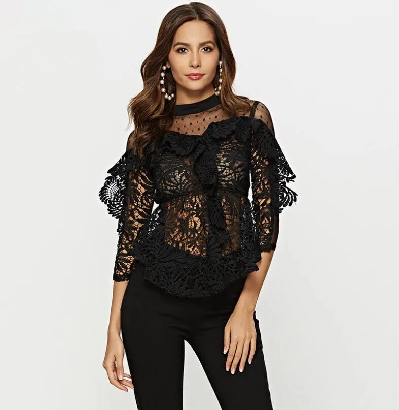 

Elegant white lace black blouse shirt Sexy hollow out feminine blouse Women three quarter sleeve summer tops female SP-042