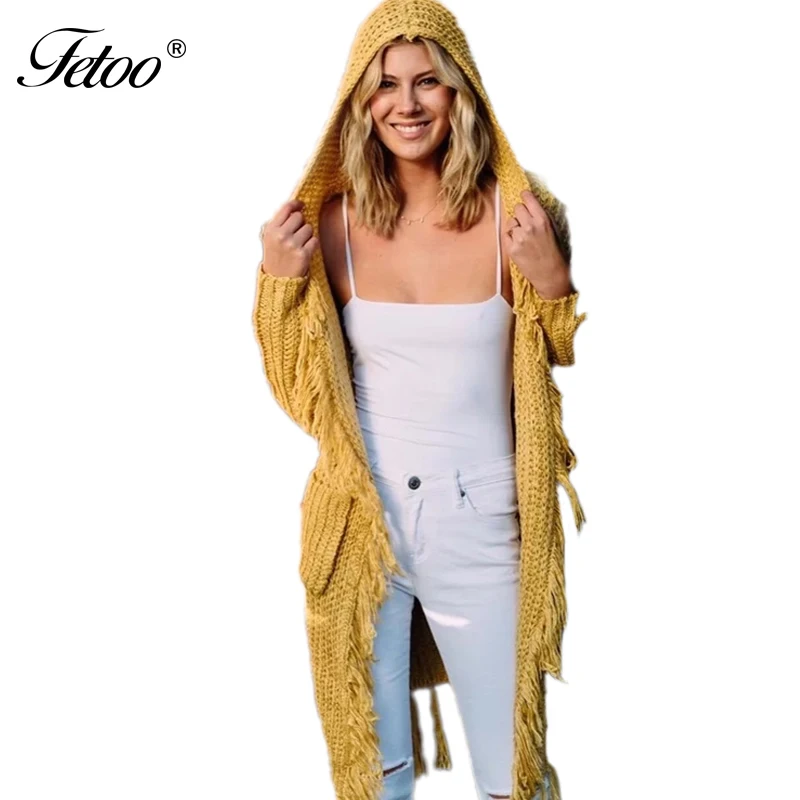 Fetoo осень кисточки длинный вязаный кардиган свитер женский 2017 Осень Свободный