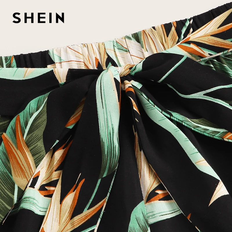 SHEIN/разноцветные богемные шорты с тропическим принтом и поясом, женские летние пляжные шорты для отдыха, повседневные эластичные шорты со средней талией и широкими штанинами