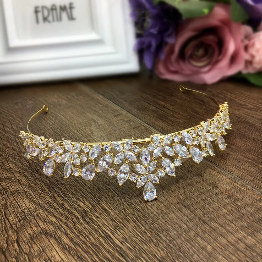 

Gold Full Cubic Zircon Tiara Zirconia Crown CZ Diadema Coroa De Novia Wedding Hair Accessories Jewelry Bijoux Cheveux WIGO1028