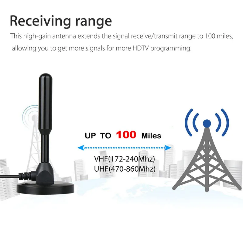 Portable TV HDTV Antenna Aerial DVB-T Amplified 25dBi 200 Miles Range Indoor Car 1080P High Definition Caravan Digital Freeview