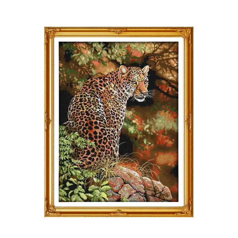

Handmade DIY needlework cross stitch printing embroidered cloth sewing embroidery animal cheetah deep forest scenery