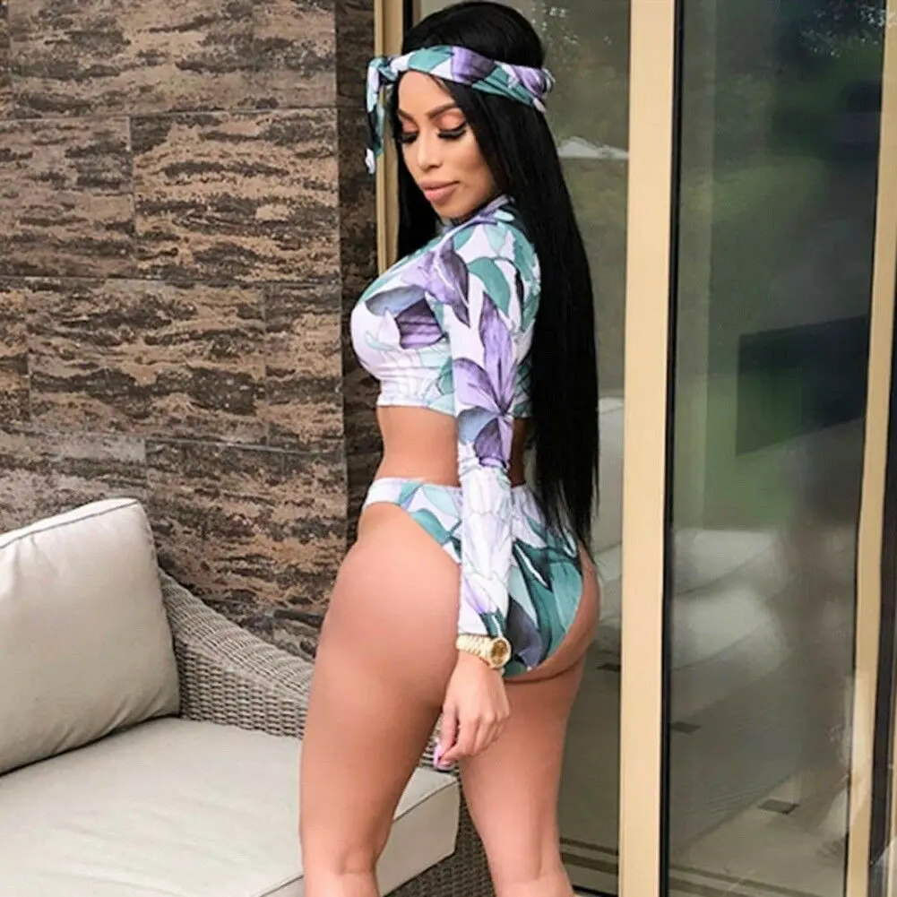 Сексуальный 2019 женский с длинным рукавом цветочный принт на молнии набор бикини