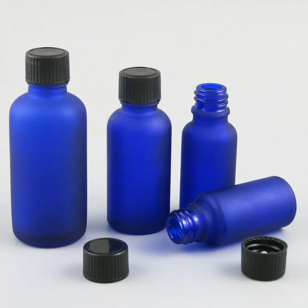 

10 x 5ml 10ml 15ml 20ml 30ml 50ml 100ml Essential Oil Frosted Blue Glass Bottle with Plastic Black Cap For Liquid Cosmetic Vial