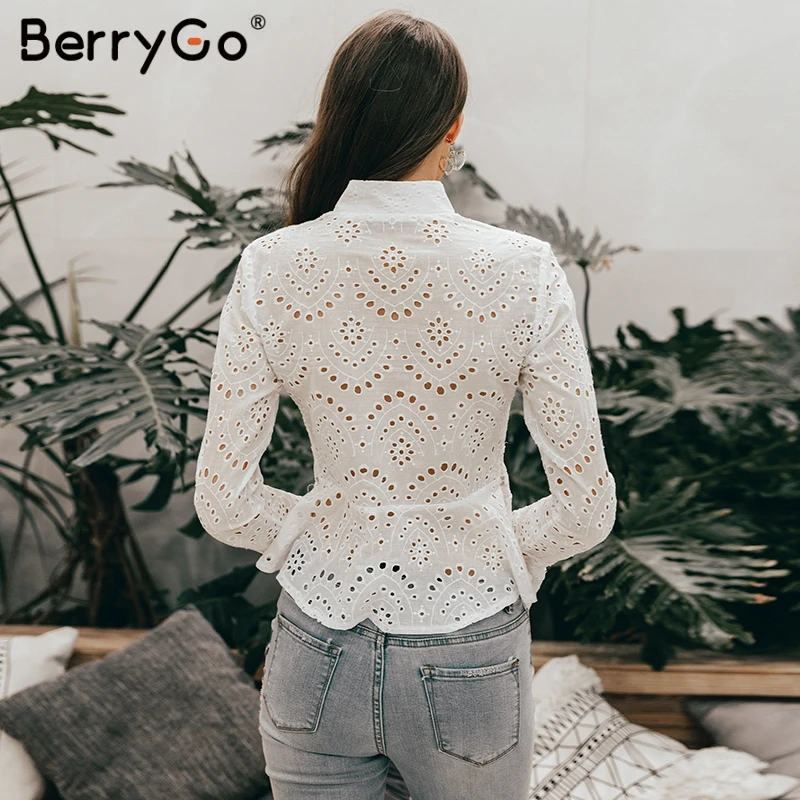 BerryGo винтажная блузка с вышивкой женская рубашка со стоячим воротником блузки