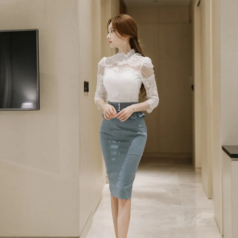 

YaLiShi 2 Piece Set Women Suit 2020 Summer 3/4 Sleeve Lace Blouse Shirts Tops and Blue Pencil Midi Skirt Crop Top and Skirt Set