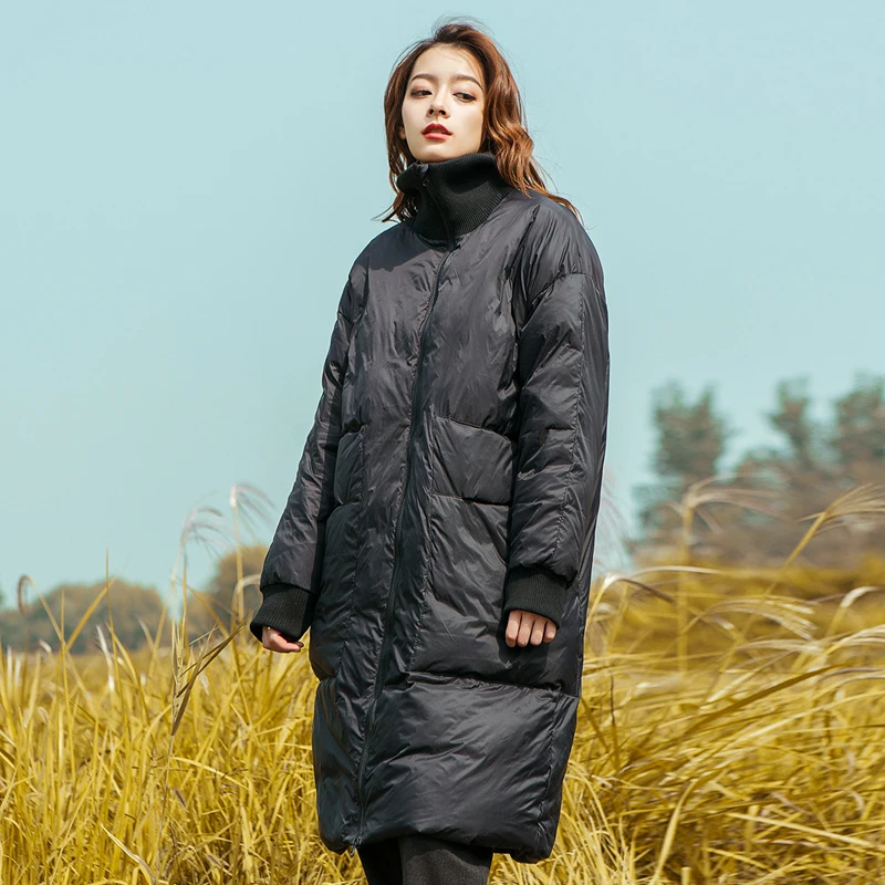 YNZZU Winter Yellow Women's Down Jacket Casual Long Duck Down Coat Women Stand Collar Warm Fluffy Female Jacket YO721