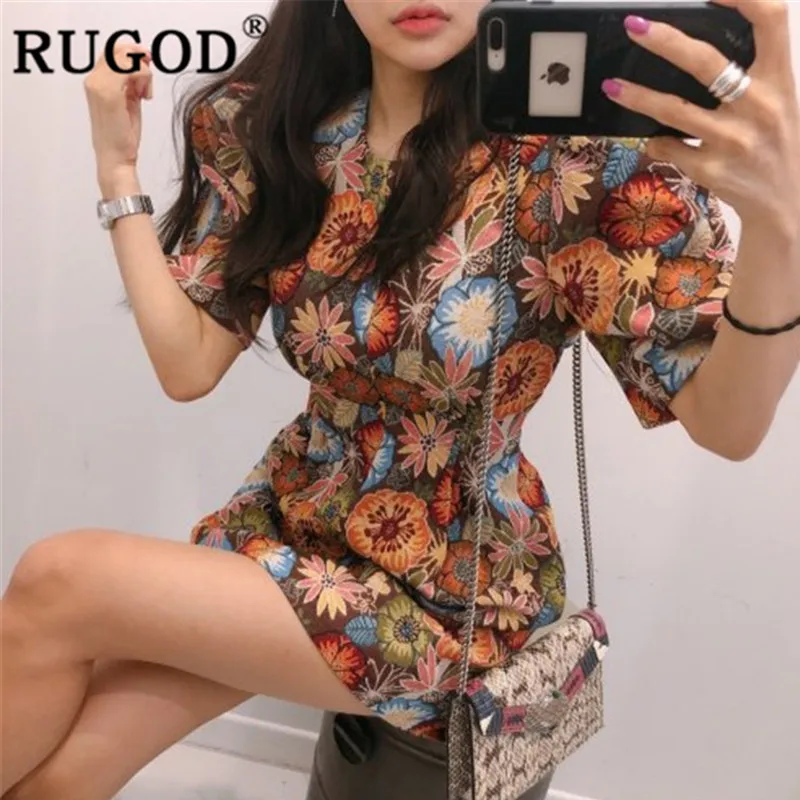Женское платье с круглым вырезом RUGOD Осеннее приталенное цветочным принтом