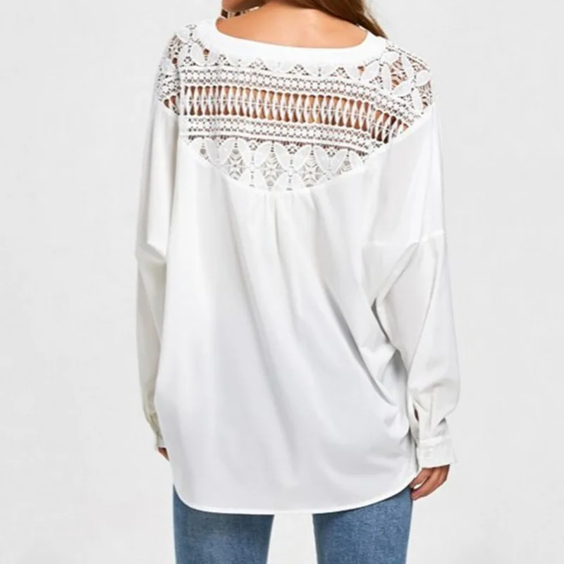 Laamei Sexy Hollow Out Women Blouse Fashion Solid Lace Patchwork Summer V-Neck Blusas full Sleeve Top Ladies |
