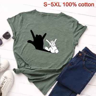 army green SINGRAIN забавный кролик размера плюс футболка женская мультфильм тройники милые животные базовые Топы новая Harajuku Летняя Повседневная хлопковая футболка - Цвет: army green
