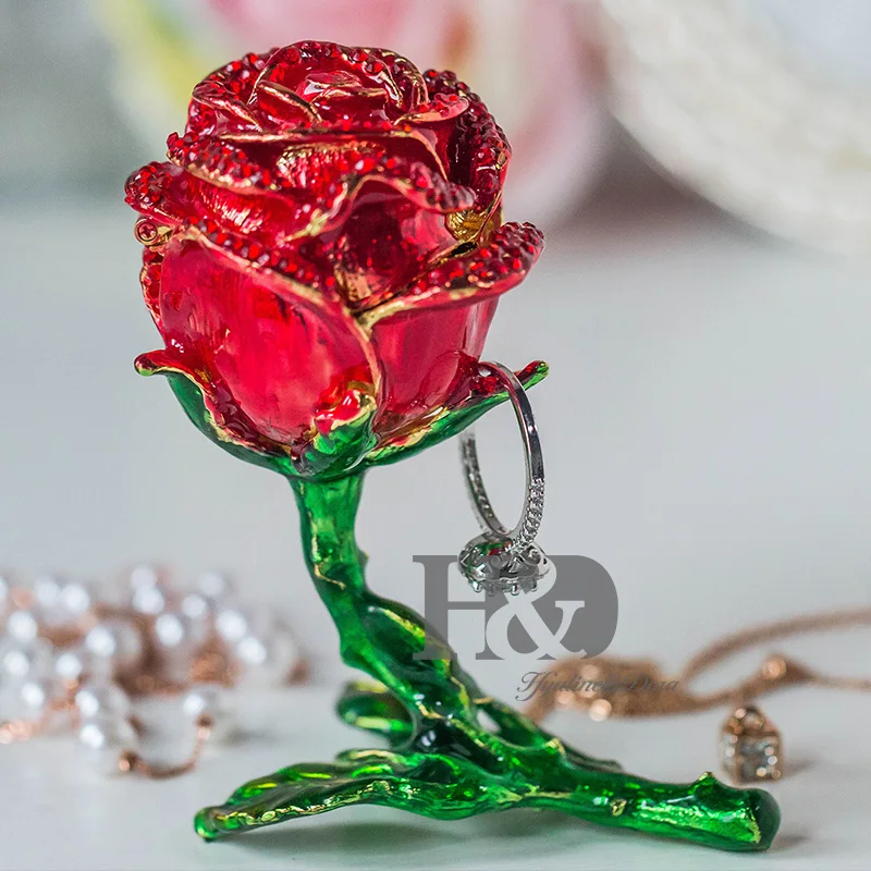 H&ampD Flower Trinket Box Hand-Painted Hinged Ring Holder Patterns Bejeweled Decor with Crystal Gift Collectible (red) | Дом и сад