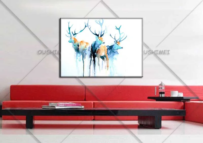 Ручная роспись современный синий олень картина маслом для украшения стен 3 оленя