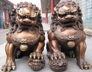 > Китайская классическая бронза медь злая дверь охранника Bei Jing Fu Foo Собака Лев Пара