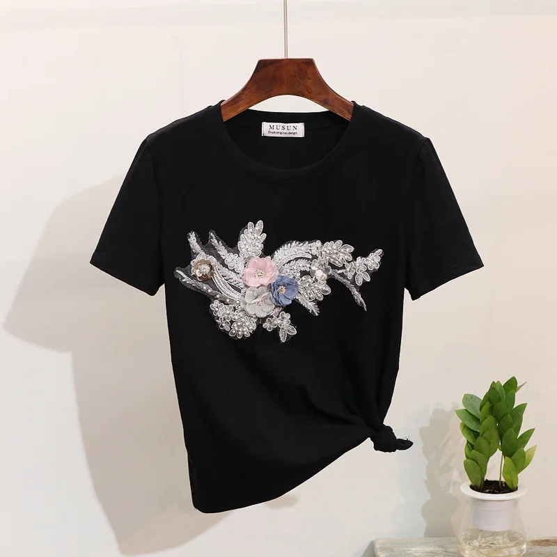 Весна Лето Camiseta Mujer модные женские топы Таиланд Мода o-образным вырезом короткий рукав футболки цветочный принт блесток Футболка