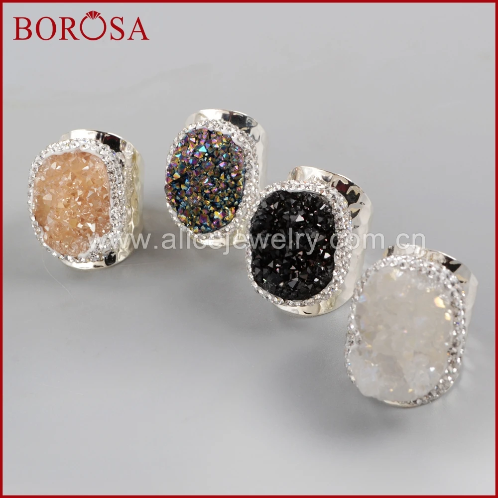 

BOROSA 5PCS Oval Natural Titanium Druzy Band Ring Drusy Jewelry Silver Color Rainbow Gems Stones Rings for Women JAB939
