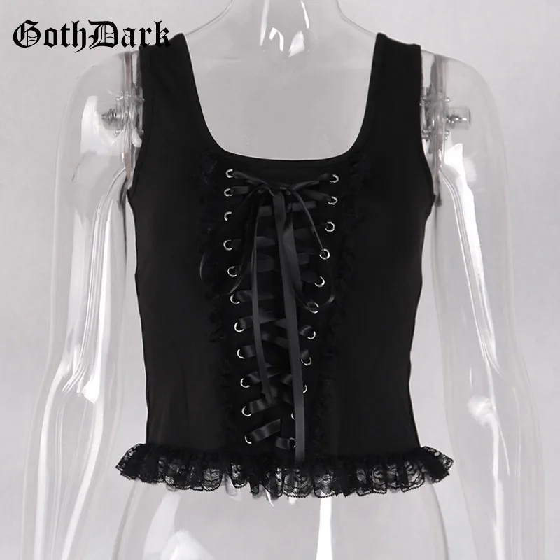 black Женская майка на шнуровке Goth Dark, модный прозрачный открытый топ, черная летняя майка с сеточкой и рюшами - Цвет: black