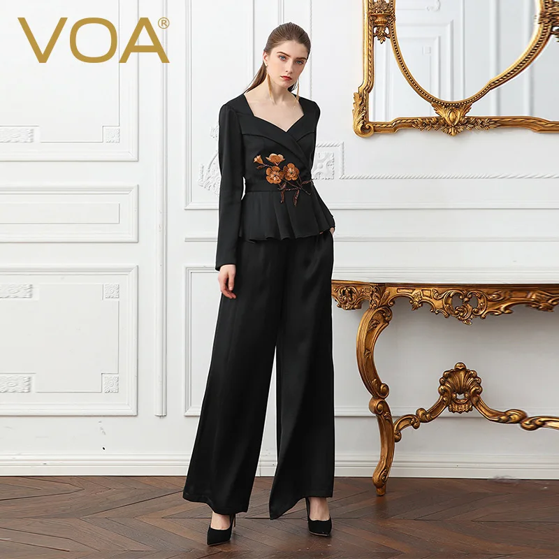 VOA плюс Размеры свободные тяжелый шелк Pantskirt Офисные женские туфли основной черный широкие штаны Для женщин середины талии Повседневное брюк K378