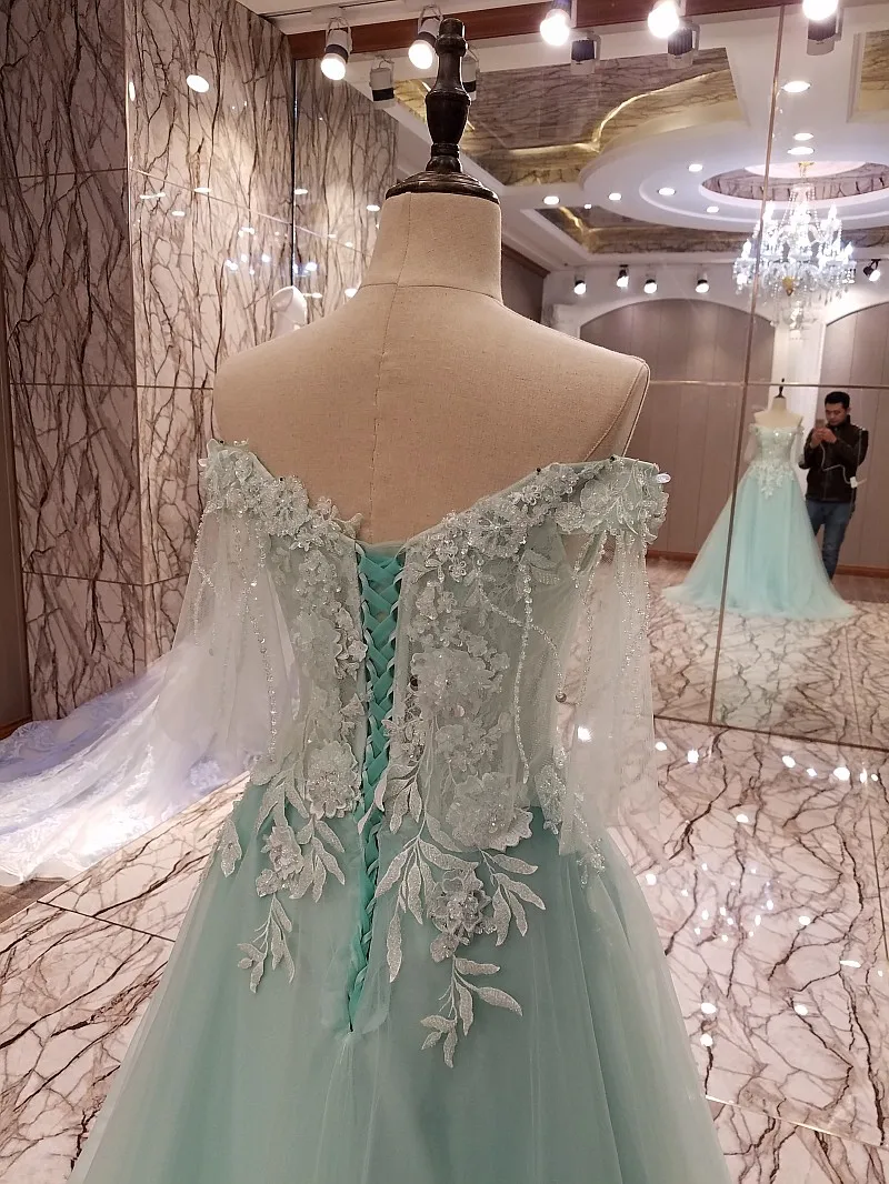 LS89373 Длинные вечерние платья Тюль с плеча бисером линия короткими рукавами и