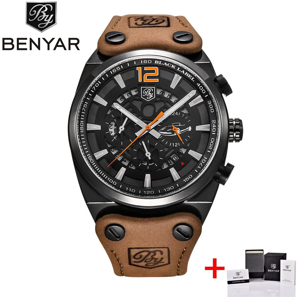 black orange BENYAR спортивные часы с большим циферблатом, мужские водонепроницаемые уличные военные часы с хронографом, кварцевые часы с кожаным ремешком, армейские мужские часы, мужские часы - Цвет: black orange