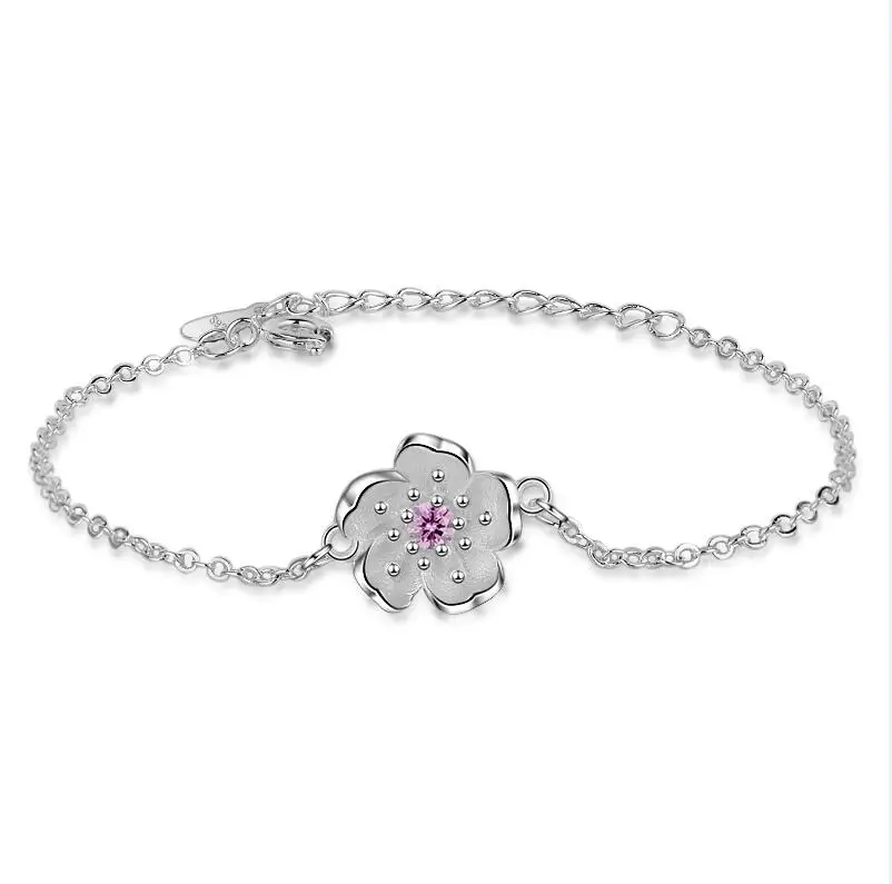 Pink 925 серебряные женские модели цветок браслеты прозрачный австрийский кристалл сливы Дизайн цепочка из звеньев с шармом ювелирные изделия для женщин леди подарок - Цвет камня: Pink