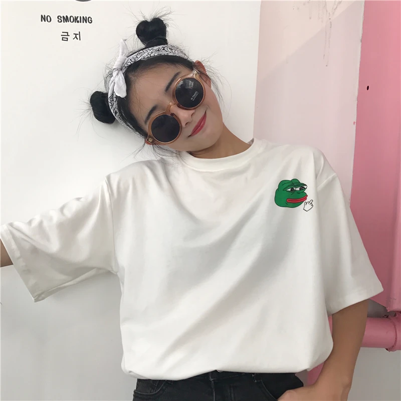 YouGeMan летняя футболка для женщин Одежда корейский Ulzzang Harajuku принт пародия лягушка короткий рукав футболки Женская забавная футболка