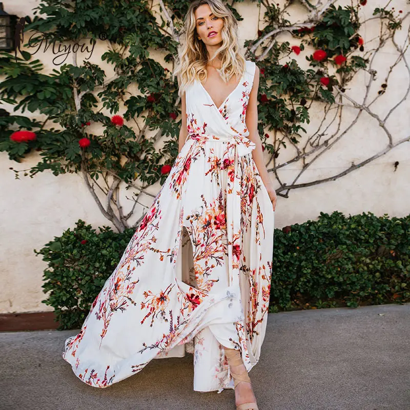 Miyouj цветочный принт Длинные платья для женщин Boho сексуальное V образным вырезом платье для пляжа, макси без Рукавов Пляжная одежда для женщин Vestido De Praia split XL - Цвет: 01