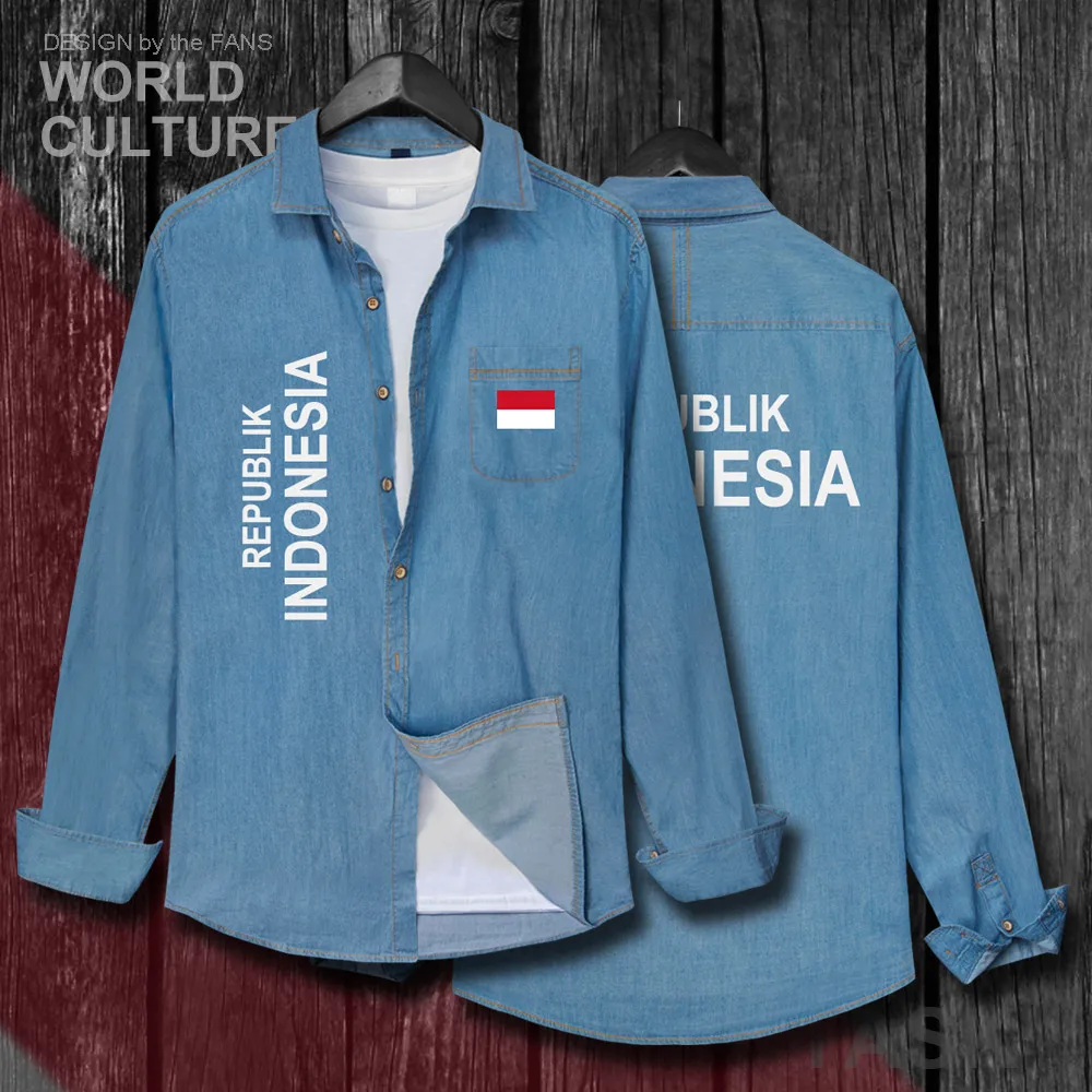 

Indonesia Indonesian IDN ID Men Flags Clothes Autumn Cotton Long Sleeve Cowboy Casual Coat Fashion Turn-down Collar Jeans Shirt