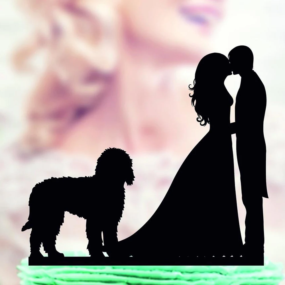 Семья свадьба невеста и жених с собакой Goldendoodle силуэт торт Топпер пара свадебный