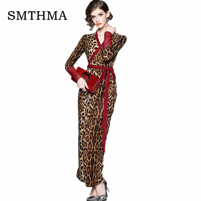 Photo Color SMTHMA,, высокое качество, подиум, женское, длинный рукав, сексуальный v-образный вырез, Леопардовый принт, макси, длинное платье, раскол, женское платье для вечеринки - Цвет: Photo Color