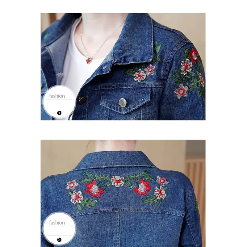 

Plus Size 5XL Fashion Floral Embroidery Denim Jacket Women Casual Single Breasted Slim Autumn Outerwear Ladies Jeans Coat f1064