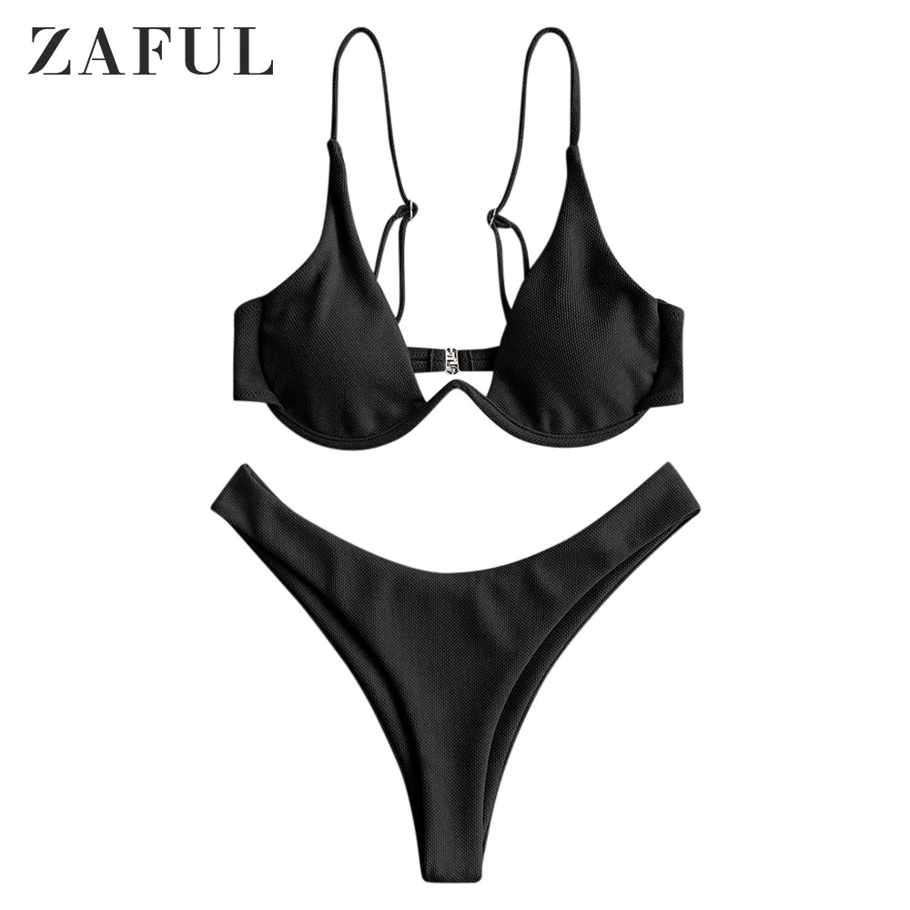 ZAFUL, сексуальный комплект бикини с глубоким вырезом, комплект бикини на косточках, купальный костюм с глубоким вырезом на бретельках, мягкие женские купальники, костюм с высоким вырезом