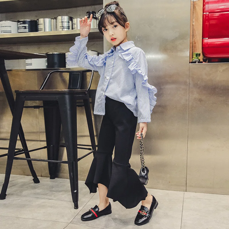 Для девочек весна 2018 г. Новые повседневные штаны для рубашка черный колокол брюки