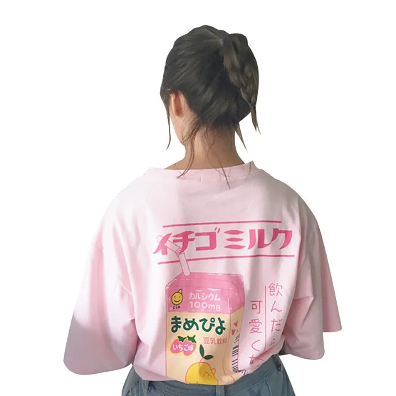 Для женщин Harajuku Kawaii футболка 2019 Лето хлопковая Футболка принт молоко свободно с