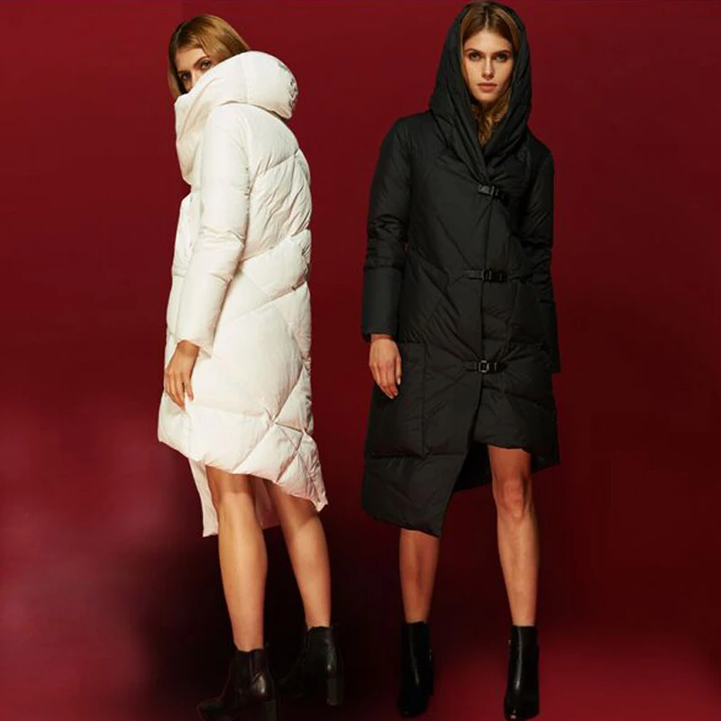 Женское зимнее пальто белая куртка пуховик с капюшоном Длинная утепленная