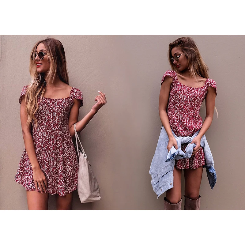 Женское короткое платье с цветочным принтом Boho летнее пляжное открытой спиной и