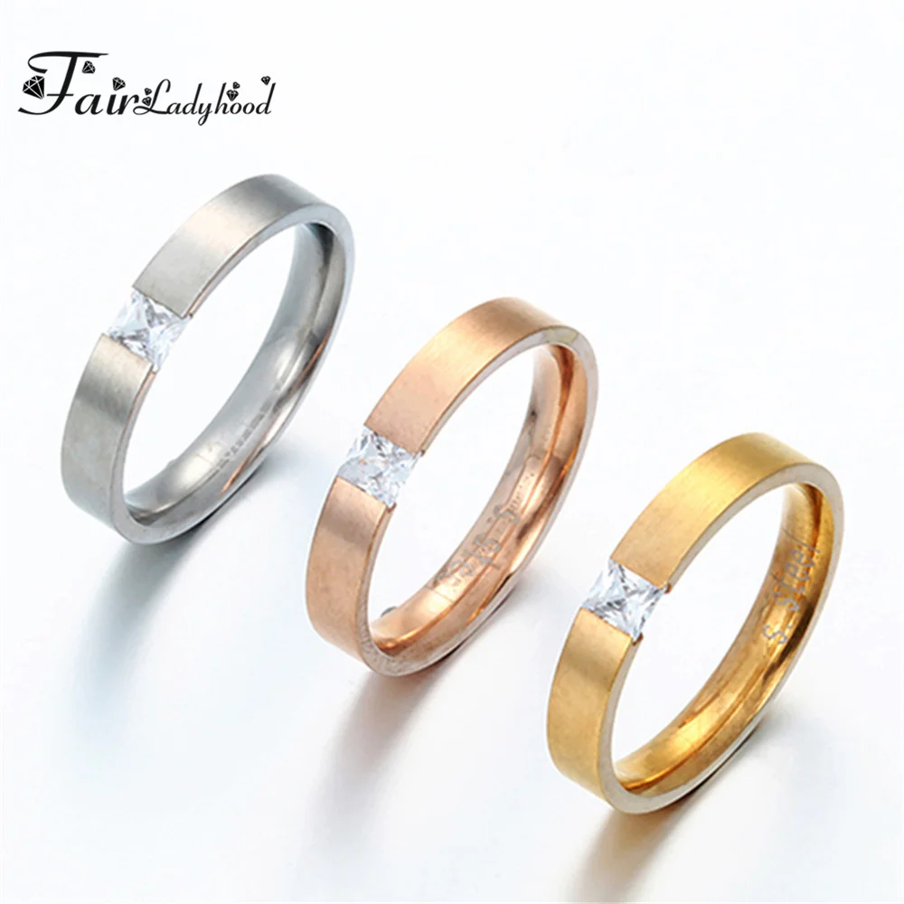 FairLadyHood Classic Shine CZ Stone Stainless Steel Engagement Ring Lovers Promise Rose Gold Rings For Women Couple Jewelry | Украшения и