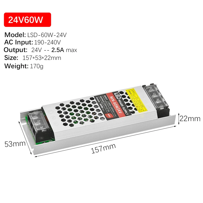 24V 60W Ультра тонкий DC24V Светодиодный трансформатор 60 Вт 100 Вт 150 Вт 200 Вт 300 Вт Драйвер адаптер питания AC190-240V выключатель питания - Цвет: 24V 60W