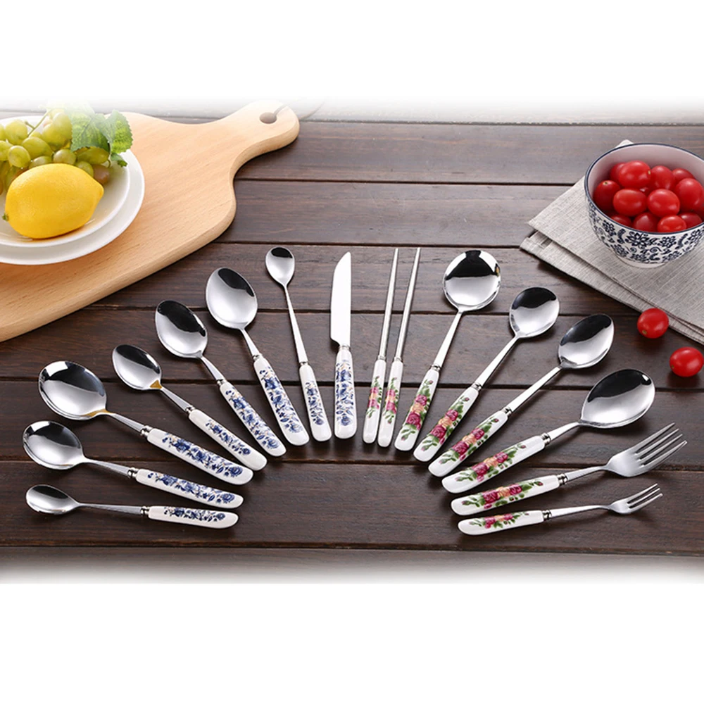 

Korean Stainless Steel Metal Ceramic Handle Tableware Spoon Chopsticks Fork Dinner Knife Free Combination Cutlery Set