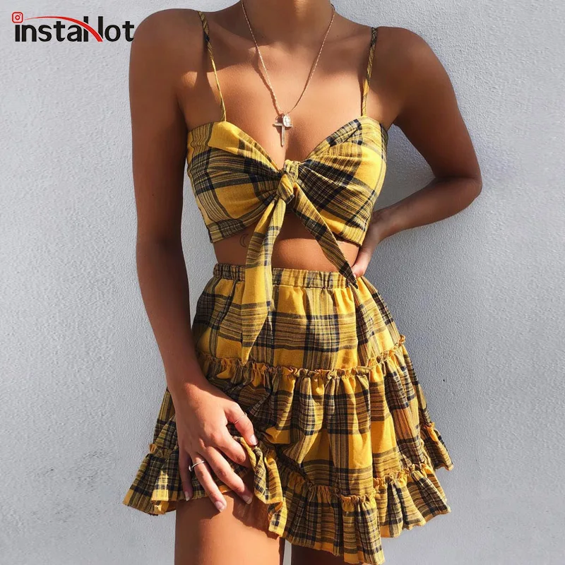 InstaHot, желтая клетчатая Женский комплект 2 шт., летняя, с рюшами, эластичная талия, юбка и топ с бантом, сексуальный,, стиль, Женский комплект