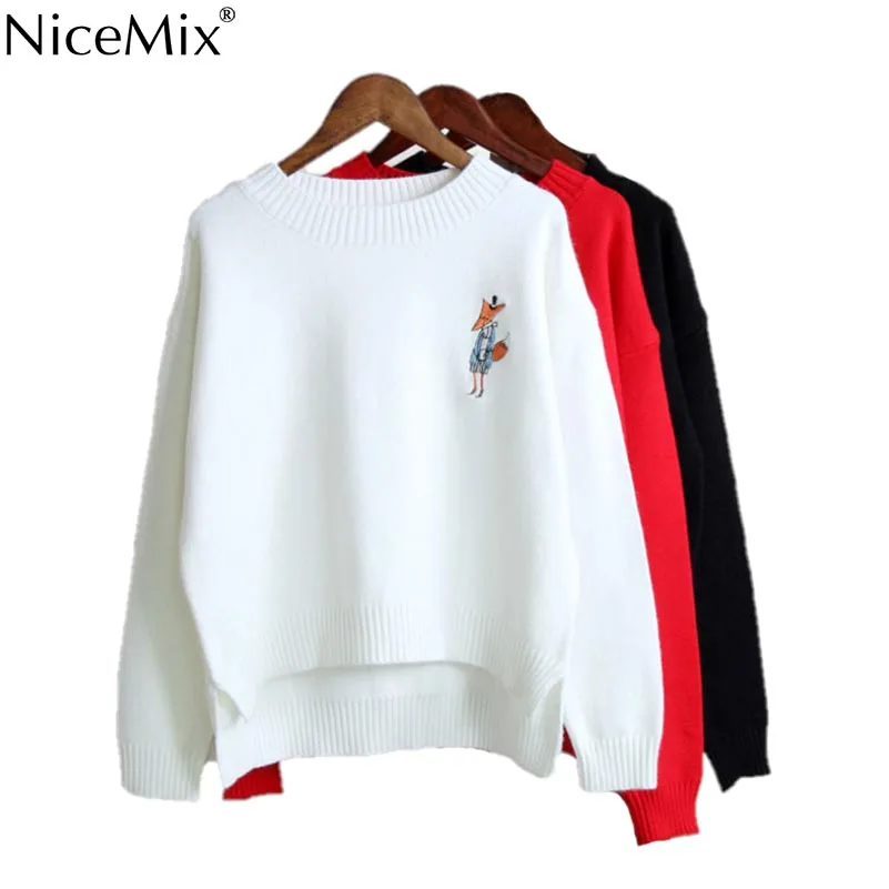 NiceMix свитер с вышитой лисой из мультфильма для женщин зимний женский свободный пуловер раздельный свитер Асимметричный Женский вязаный пуловер