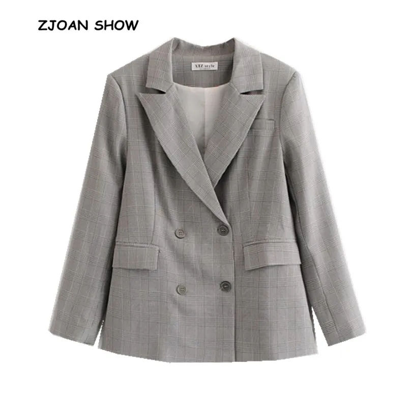 Винтажный двубортный блейзер в клетку с зубчатым воротником новинка 2018 женский
