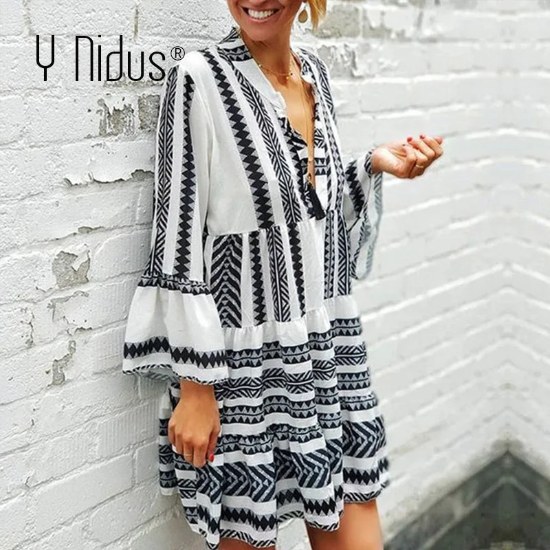Y Nidus летние полосатые платья Мини женские 2019 Boho осенние вечерние короткие
