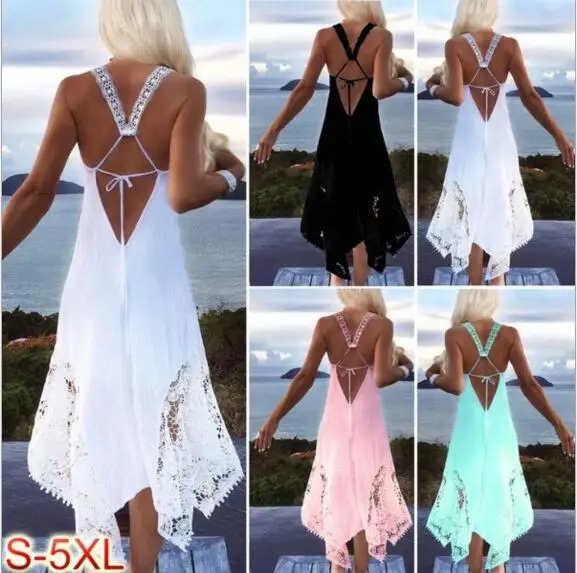 Fashion Women Party Dress 2018 Sexy lace halter Sleeveless beachwear Summer Female swing backless sundress Plus Size 5XL | Женская