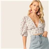 SHEIN богемные Ретро Ditsy Цветочные погружающиеся шеи на пуговицах укороченный топ гофрированная блузка женские летние пышные рукава приталенные винтажные блузки